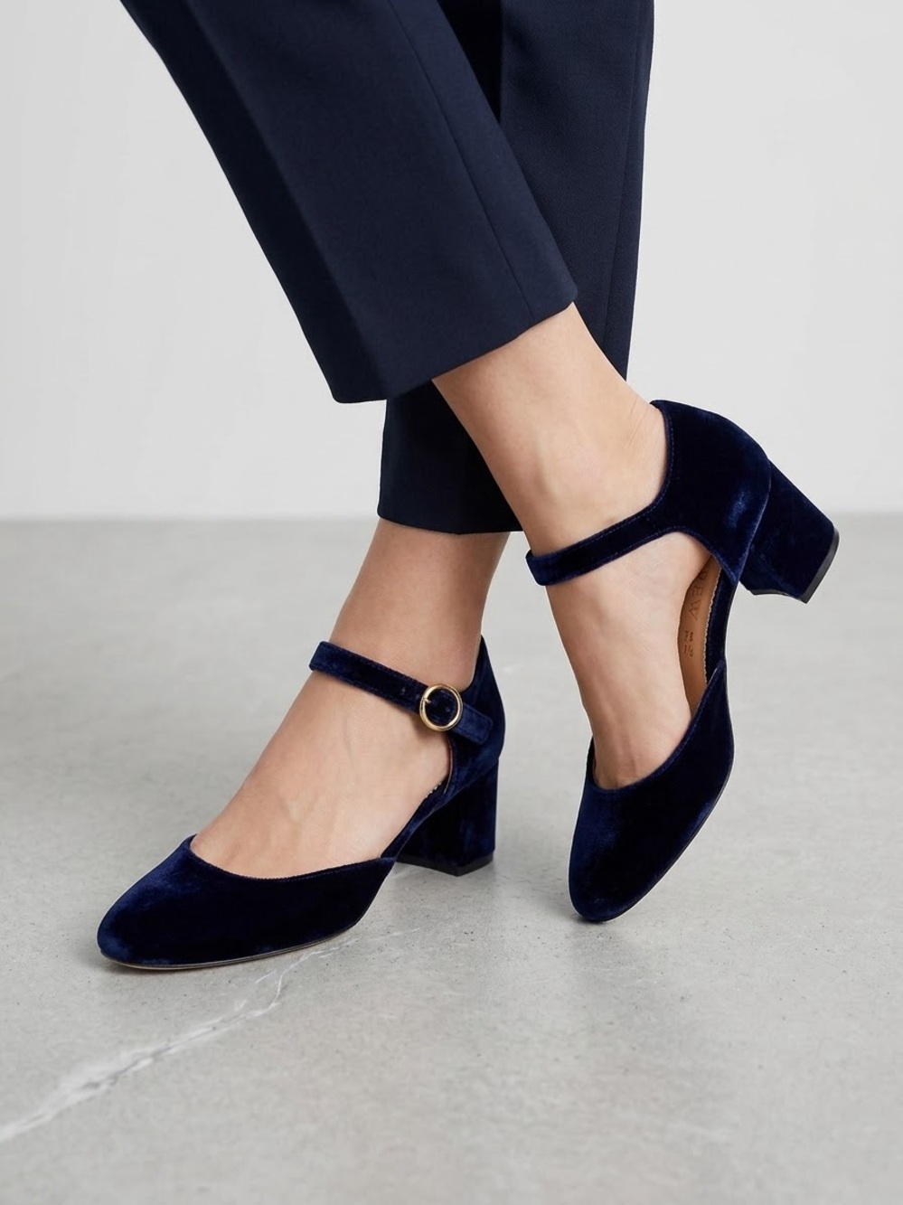 Crew Blue Velvet Mary Jane Heels Size 6.5 Navy Low 2" Block Heel Ankle Strap